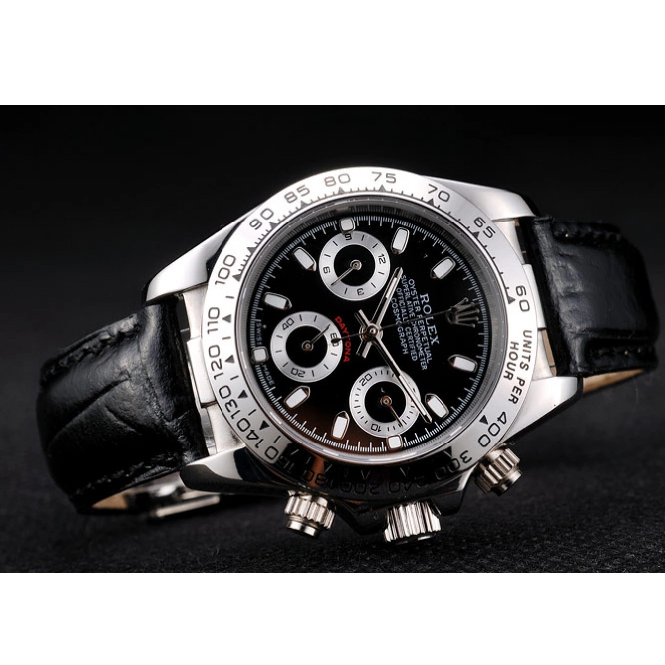Aaa replica watch Black Tachymeter Strap Rolex Dial Black Lady Daytona Case Leather Steel Stainless 0514